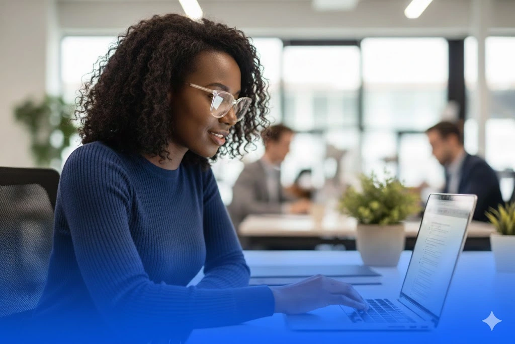 Uma mulher negra, profissional de GRC (Governance, Risk and Compliance), usa óculos de grau e veste uma blusa azul marinho. Ela está sentada em um escritório moderno, focada e sorrindo levemente enquanto olha para a tela de um notebook, demonstrando a facilidade de uso de uma plataforma de orquestração de dados. Ao fundo, um ambiente corporativo iluminado com outros profissionais em desfoque.