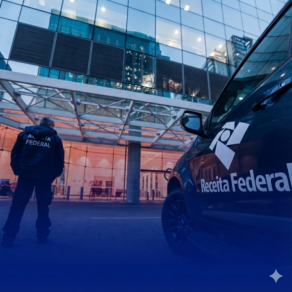 Agente da Receita Federal em frente a um edifício comercial moderno com viatura oficial, representando uma operação de fiscalização de compliance e combate à lavagem de dinheiro