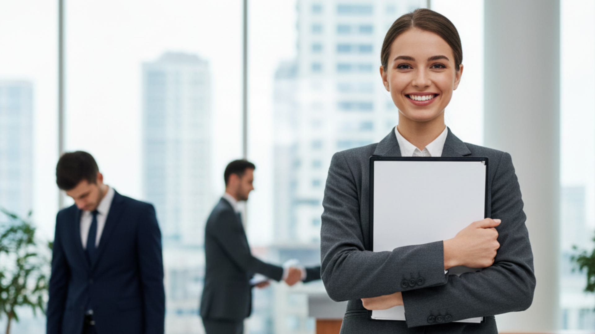 Três profissionais de terno no final de uma licitação. No centro, uma mulher sorri vitoriosa, abraçando documentos contra o peito. Ao lado, um homem cabisbaixo demonstra derrota, enquanto um terceiro profissional observa a cena. A imagem simboliza o sucesso de um dos participantes em um processo competitivo.