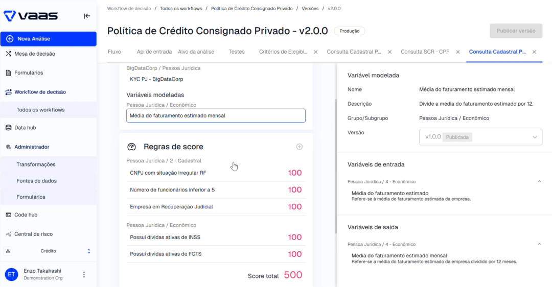 Tela da plataforma VAAS mostrando o workflow de análise de "Pessoa Jurídica / Econômico". A imagem destaca regras de score para CNPJ irregular, empresas com menos de 5 funcionários, em Recuperação Judicial ou com dívidas ativas de INSS e FGTS, além do cálculo da média de faturamento mensal estimado.