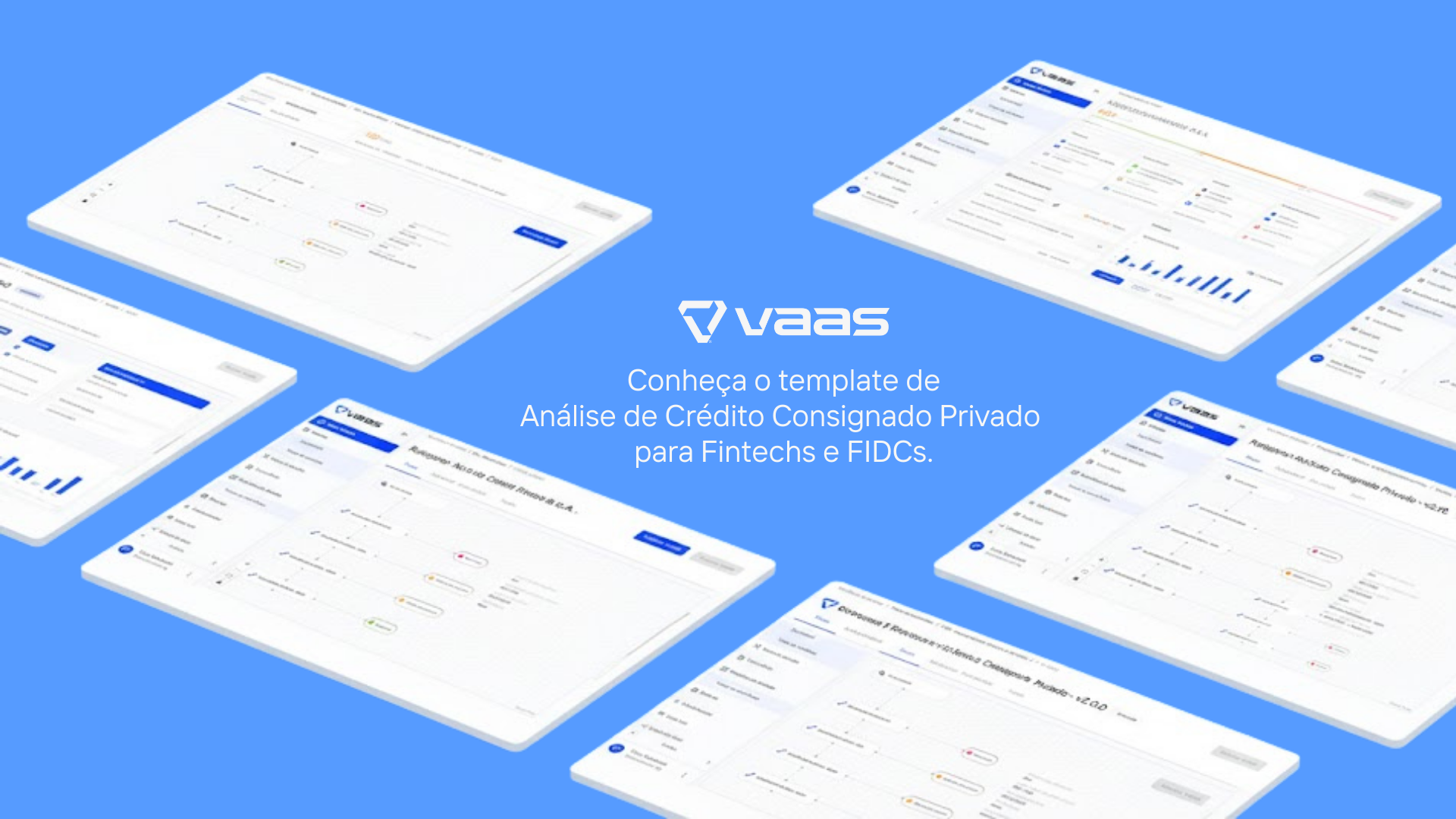 Imagem de capa para blog com fundo azul e logotipo da VAAS. O texto central diz: "Conheça o template de Análise de Crédito Consignado Privado para Fintechs e FIDCs". Ao redor, capturas de tela da plataforma mostram workflows de decisão, motores de regras e dashboards de análise.