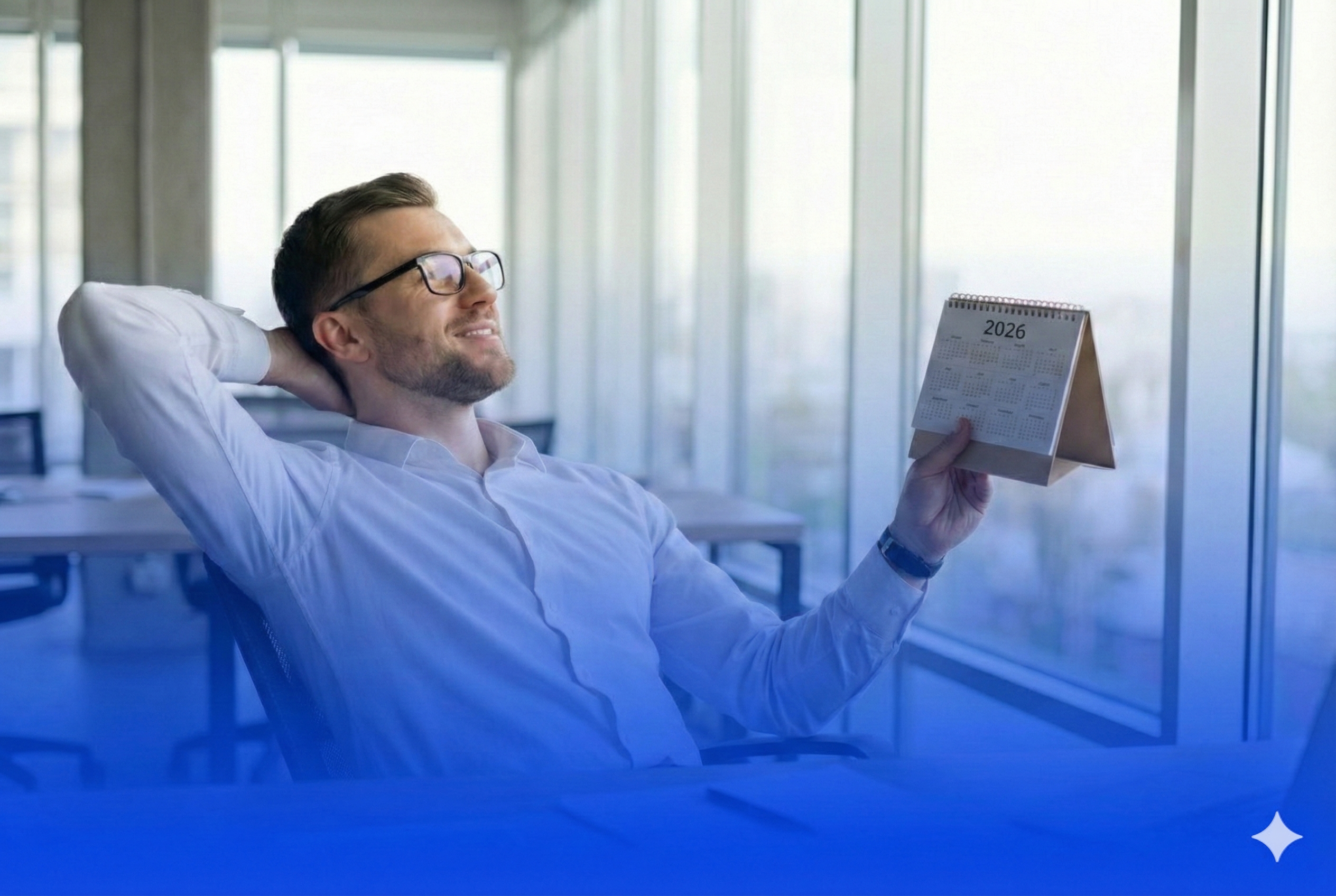 Homem sorridente em um escritório moderno, representando um Gestor de Riscos, sentado de forma relaxada com as mãos atrás da cabeça. Ele segura um calendário de mesa do ano de 2026, simbolizando o cumprimento antecipado do Calendário CVM 2026 e o controle sobre a Resolução CVM 47. A imagem possui um filtro azul degradê na base, alinhado à identidade visual da VAAS.