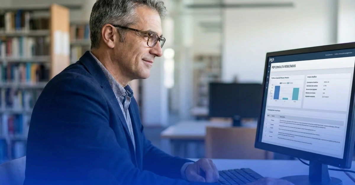 Executivo de compliance analisando dashboard de monitoramento de PEP e dados de inteligência de risco em um computador, representando a segurança digital e conformidade com a Lei Anticorrupção.